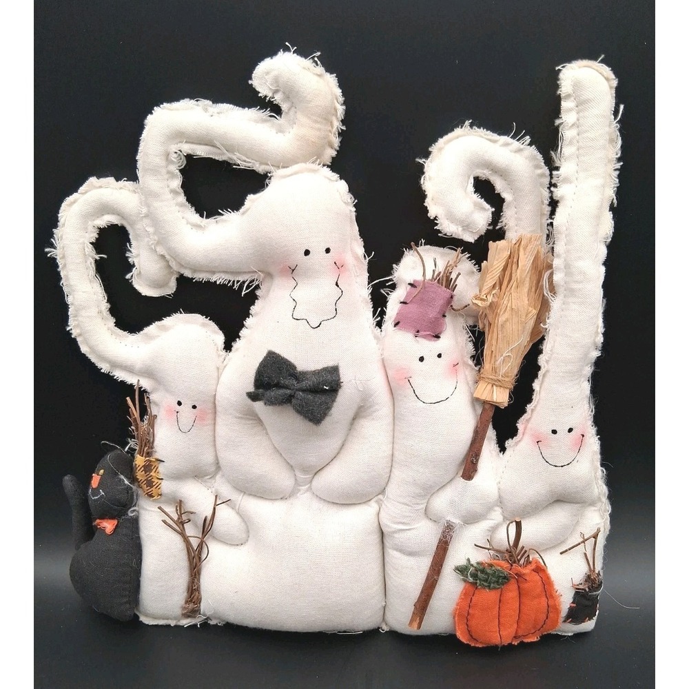 Vintage Halloween Stuffed Ghosts Fabric Screen Decor Cute Spooky Fun *READ